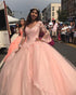 Princess Blush Pink Long Sleeves Tulle Ball Gown Quinceanera Dresses Lace Appliques